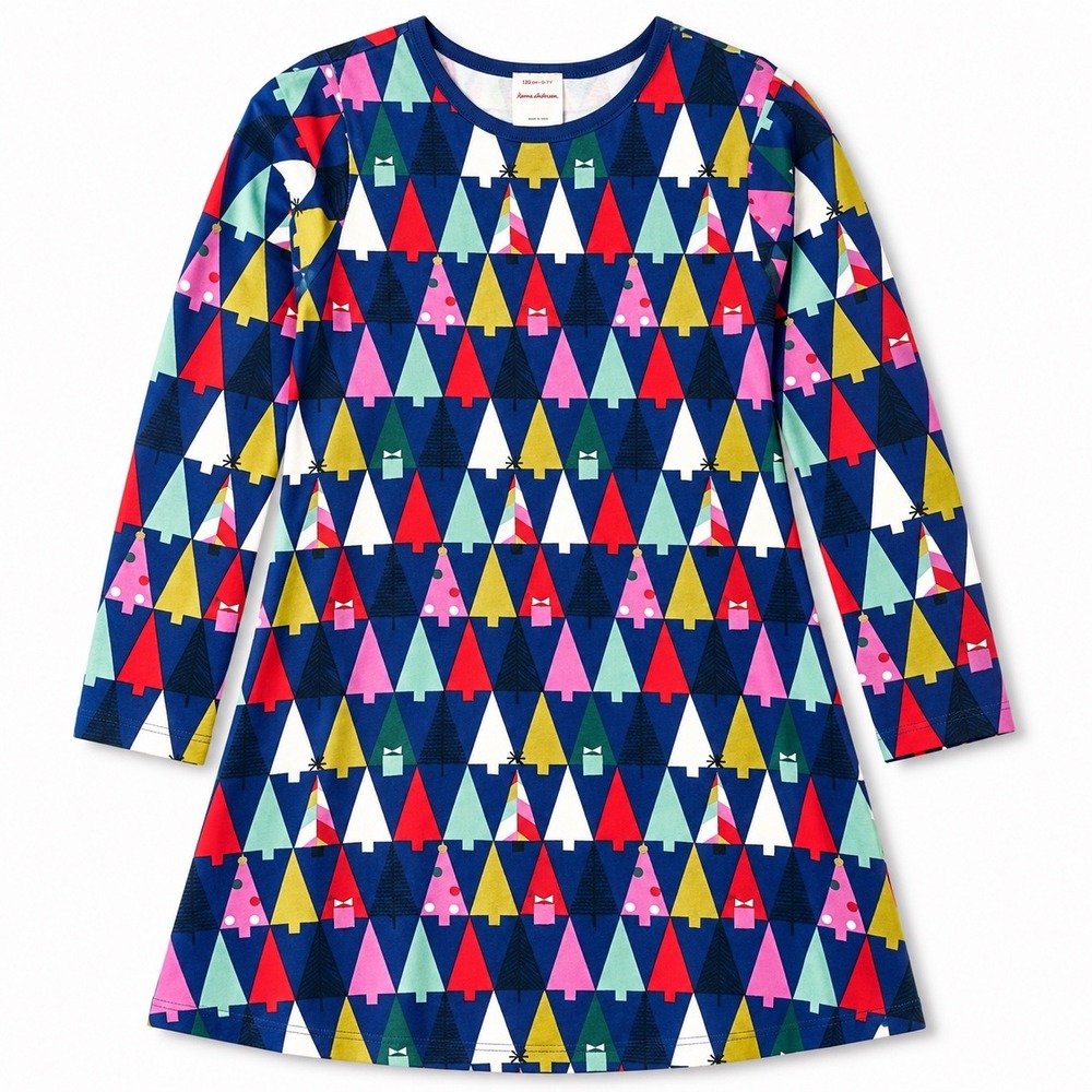 Hanna Andersson Christmas Tree Dress Girls Colorful Holiday Long Sleeve Size 6-7